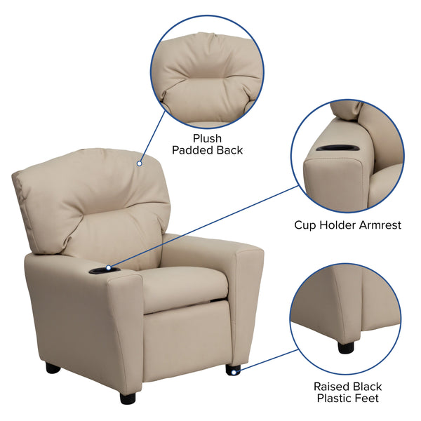 Beige Vinyl |#| Contemporary Beige Vinyl Kids Recliner with Cup Holder - Hardwood Frame