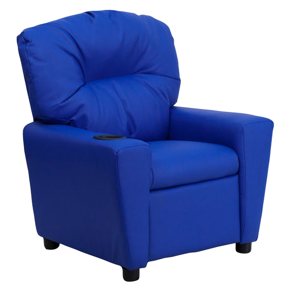 Blue Vinyl |#| Contemporary Blue Vinyl Kids Recliner with Cup Holder - Hardwood Frame