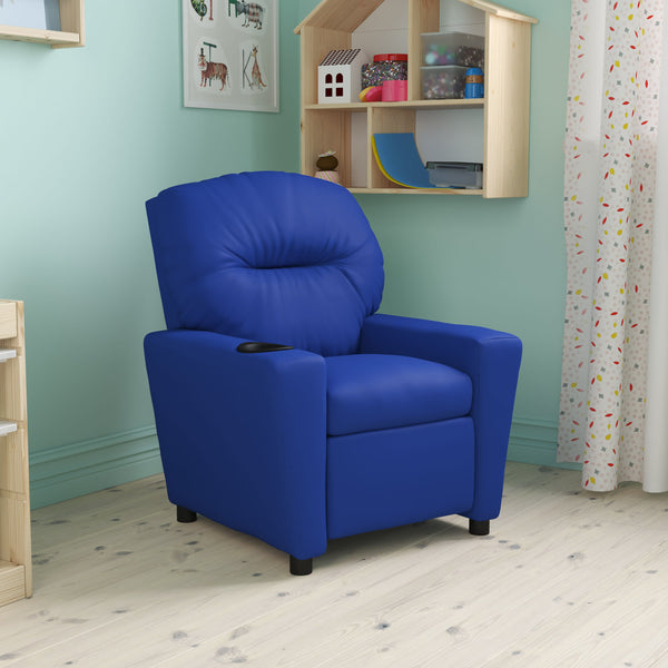 Blue Vinyl |#| Contemporary Blue Vinyl Kids Recliner with Cup Holder - Hardwood Frame