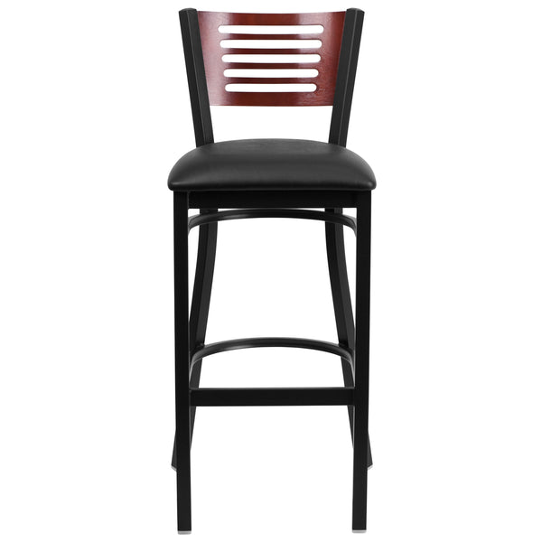 Mahogany Wood Back/Black Vinyl Seat/Black Metal Frame |#| Black Slat Back Metal Restaurant Barstool - Mahogany Wood Back, Black Vinyl Seat