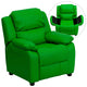 Green Vinyl |#| Deluxe Padded Contemporary Green Vinyl Kids Recliner with Storage Arms