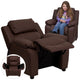 Brown LeatherSoft |#| Deluxe Padded Contemporary Brown LeatherSoft Kids Recliner with Storage Arms