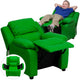 Green Vinyl |#| Deluxe Padded Contemporary Green Vinyl Kids Recliner with Storage Arms