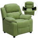 Avocado Microfiber |#| Deluxe Padded Contemporary Avocado Microfiber Kids Recliner with Storage Arms