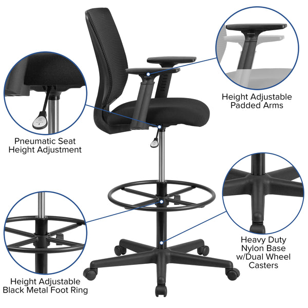 Mid-Back Mesh Drafting Chair w/ Black Fabric Seat, Adjustable Foot Ring and Arms