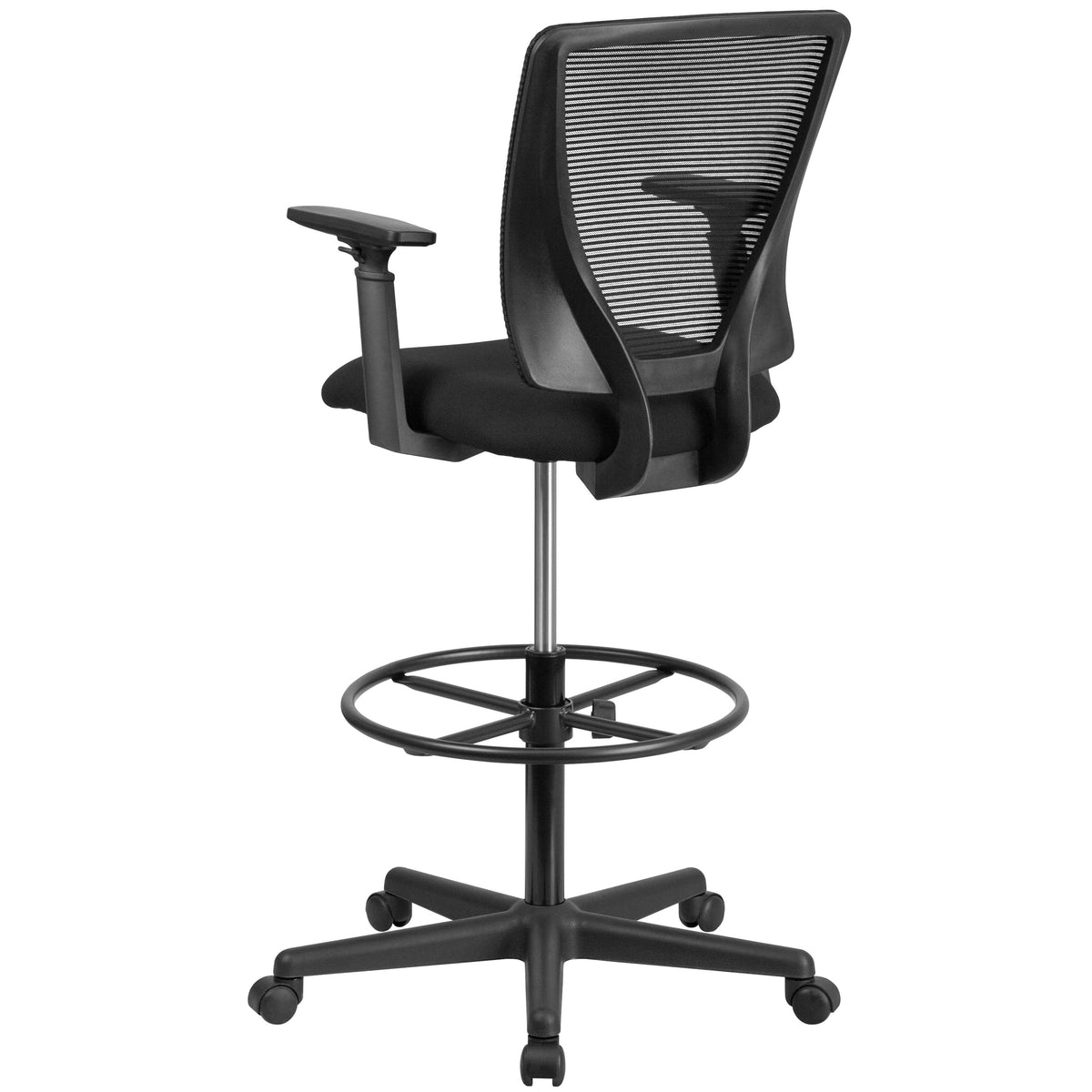 Mid-Back Mesh Drafting Chair w/ Black Fabric Seat, Adjustable Foot Ring and Arms