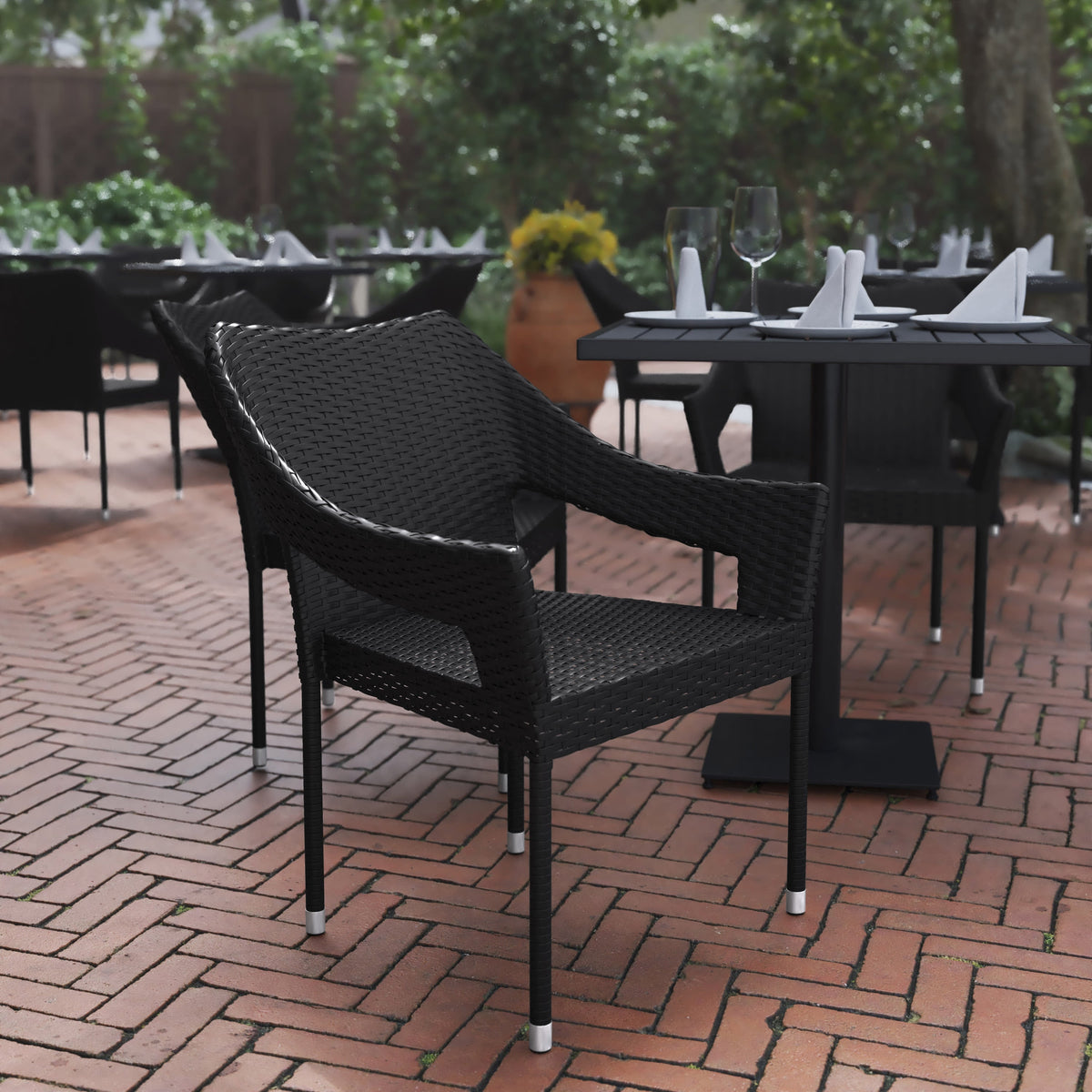 Black |#| All Weather Commercial Grade PE Rattan Stacking Patio Chairs in Black