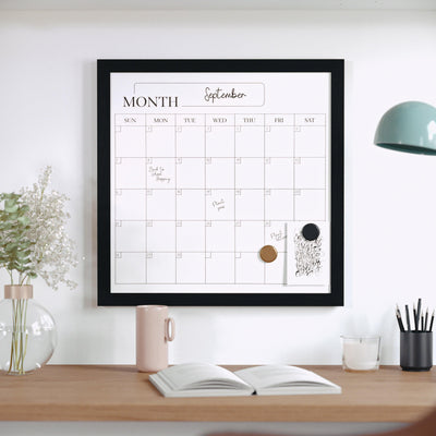 Everette Magnetic Monthly Calendar Dry Erase Board with Woodgrain Frame, Included Dry Erase Marker and 2 Magnets