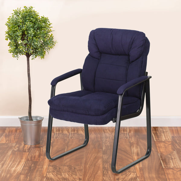 Navy Microfiber |#| Navy Microfiber Executive Side Reception Chair with Lumbar Support and Sled Base