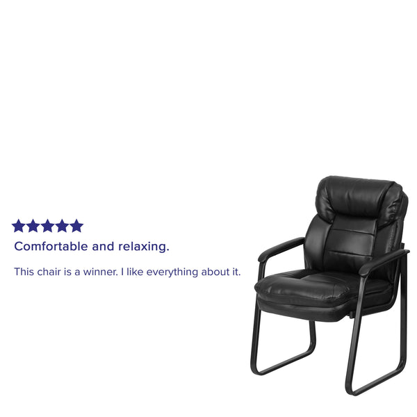 Black LeatherSoft |#| Black LeatherSoft Executive Side Reception Chair w/Lumbar Support &Sled Base