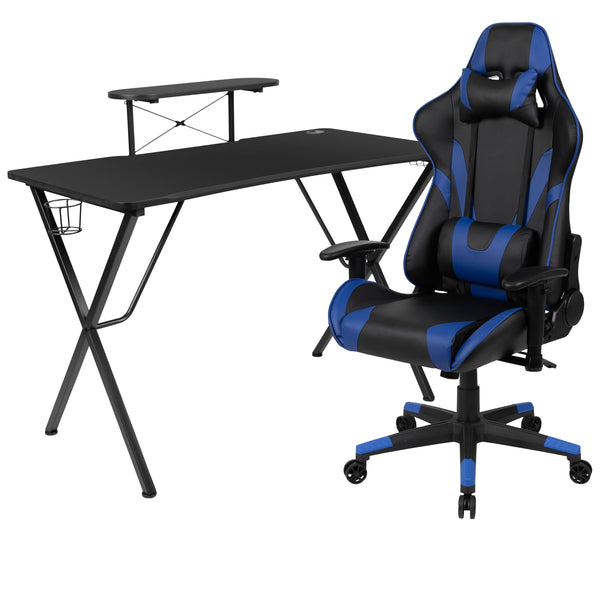 Blue |#| Gaming Bundle-Desk, Cup Holder/Headphone Hook & Blue Reclining Chair