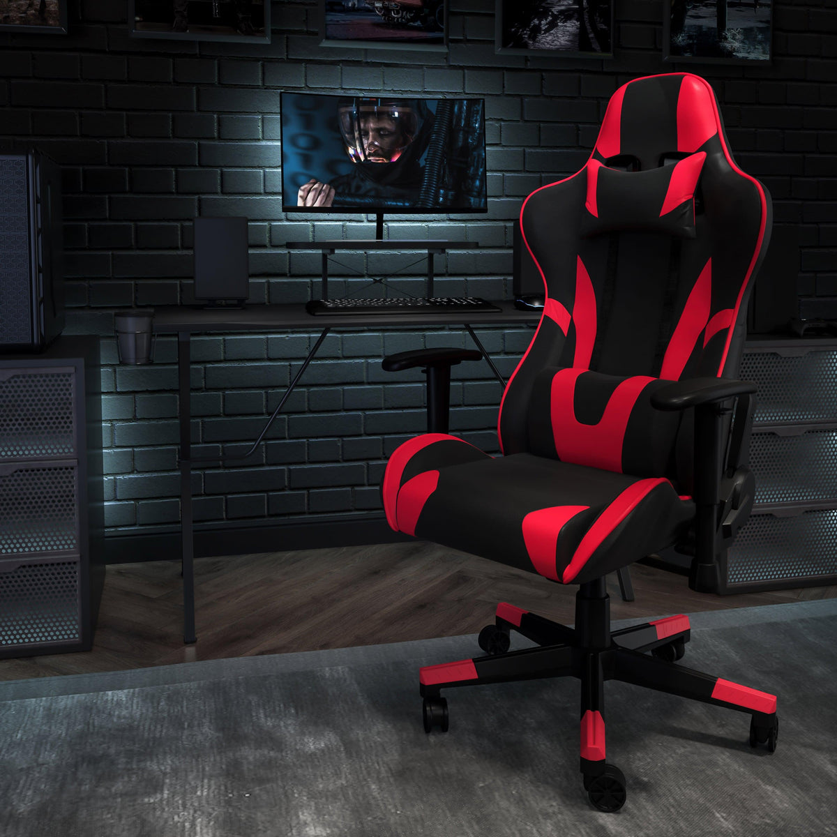 Red |#| Black Gaming Desk & Chair Set with Cup Holder, Headphone Hook, and Monitor Stand