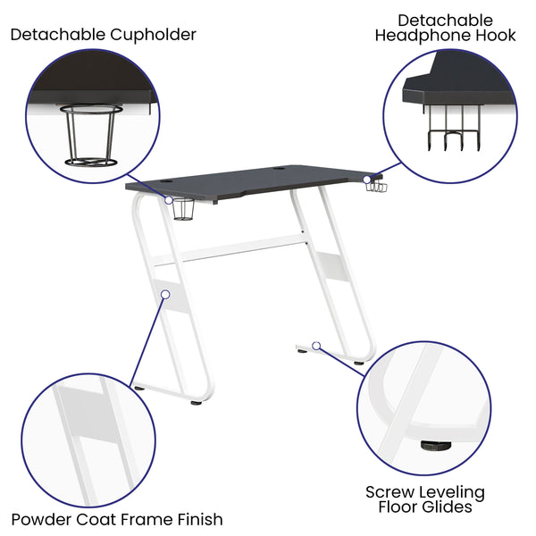 White |#| White Gaming Ergonomic Desk with Cup Holder and Headphone Hook