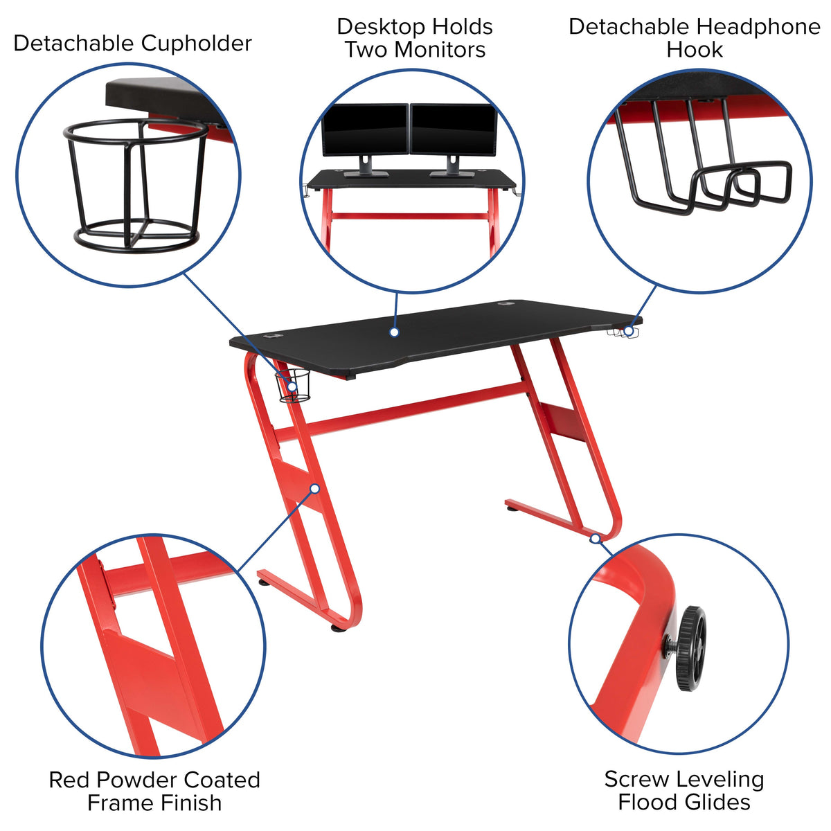 Red |#| Red Professional Gaming Ergonomic Desk with Cup Holder and Headphone Hook