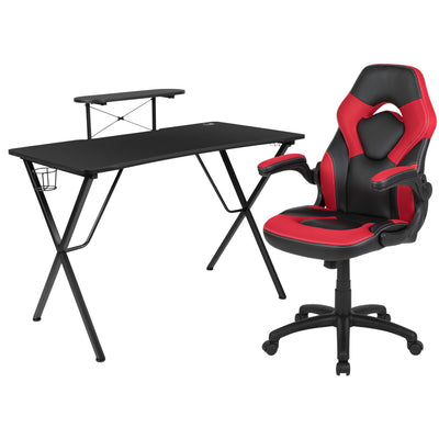 Gamma Gaming Desk & Chair Set - High Back Gaming Chair with Flip-Up Arms; Desk with Detachable Headphone Hook/Cupholder