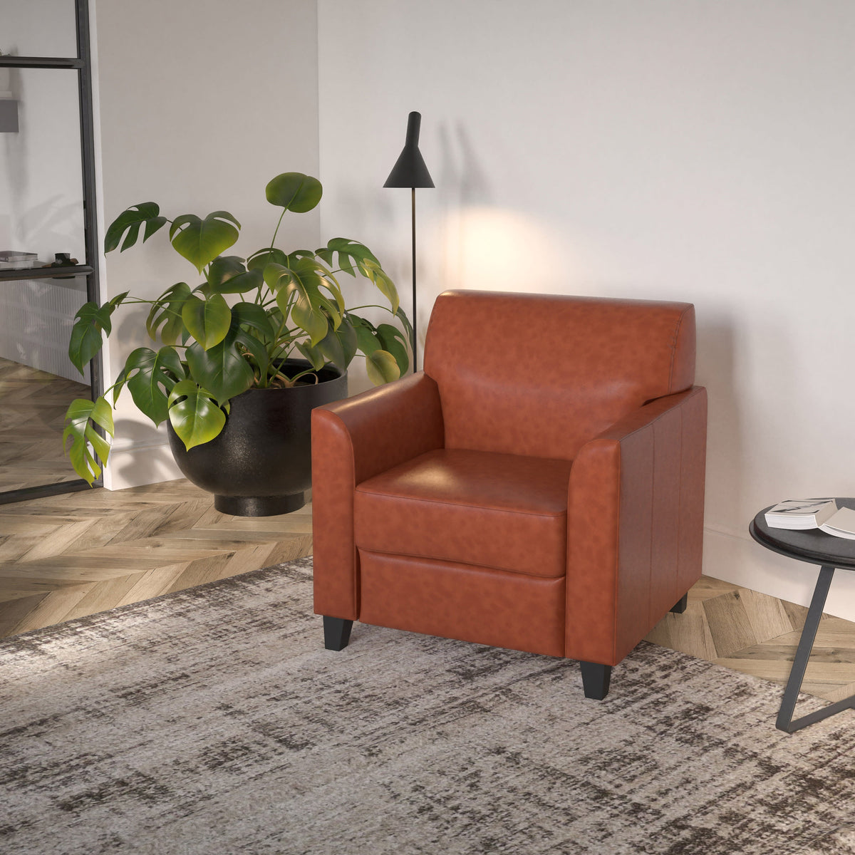 Cognac |#| Cognac LeatherSoft Chair with Clean Line Stitched Frame - Reception Seating