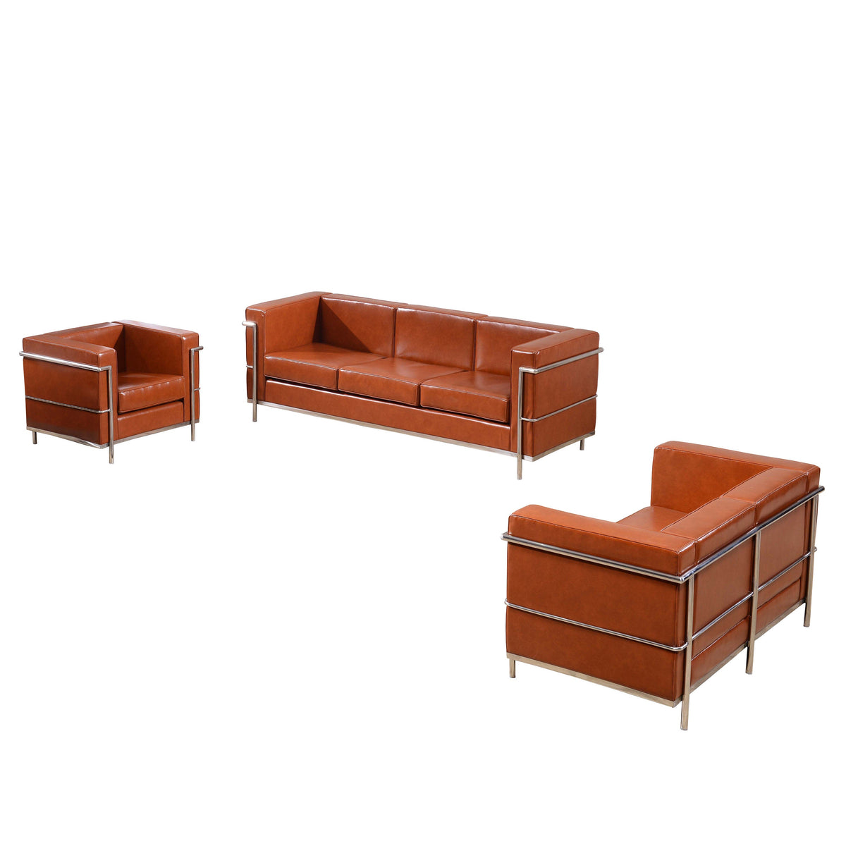 Cognac |#| Cognac LeatherSoft Reception Set with Double Bar Encasing Frame