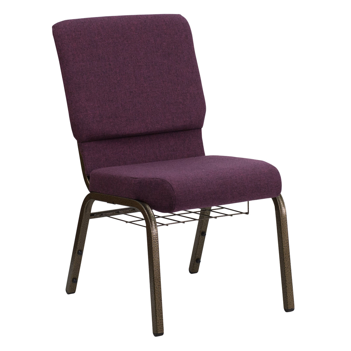 Plum Fabric/Gold Vein Frame |#| 18.5inchW Church Chair in Plum Fabric with Cup Book Rack - Gold Vein Frame