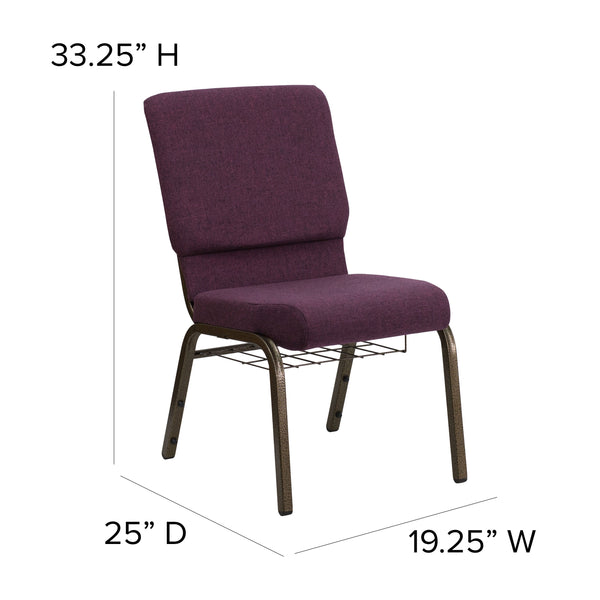 Plum Fabric/Gold Vein Frame |#| 18.5inchW Church Chair in Plum Fabric with Cup Book Rack - Gold Vein Frame