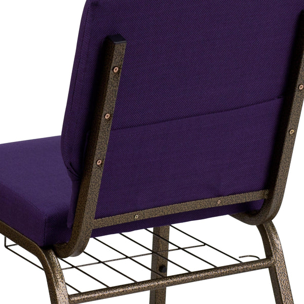 Royal Purple Fabric/Gold Vein Frame |#| 18.5inchW Church Chair in Royal Purple Fabric with Cup Book Rack - Gold Vein Frame