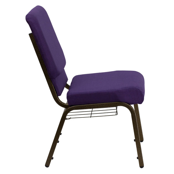 Royal Purple Fabric/Gold Vein Frame |#| 18.5inchW Church Chair in Royal Purple Fabric with Cup Book Rack - Gold Vein Frame