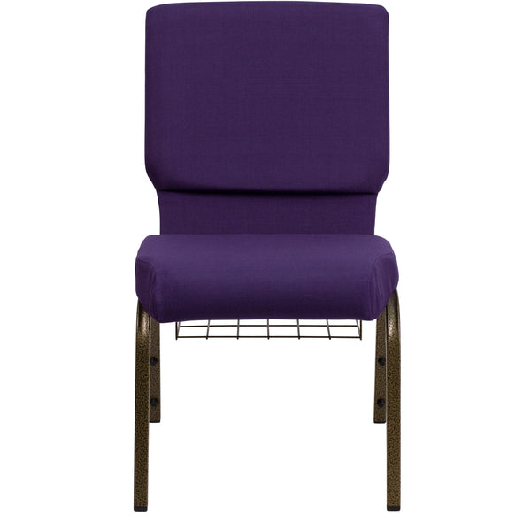 Royal Purple Fabric/Gold Vein Frame |#| 18.5inchW Church Chair in Royal Purple Fabric with Cup Book Rack - Gold Vein Frame