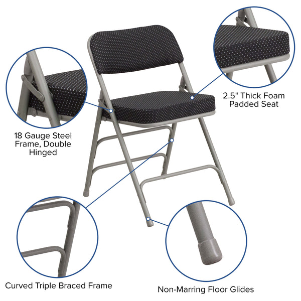 Black |#| Premium Triple Braced & Double Hinged Black Pin-Dot Fabric Metal Folding Chair