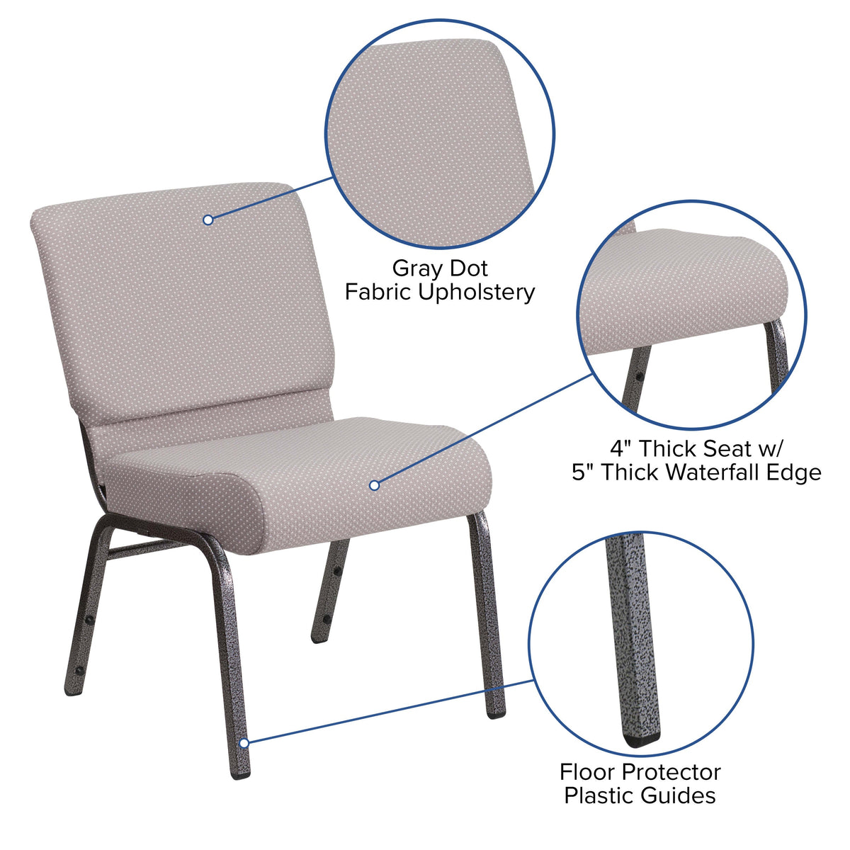 Gray Dot Fabric/Silver Vein Frame |#| 21inchW Church Chair in Gray Dot Fabric - Silver Vein Frame