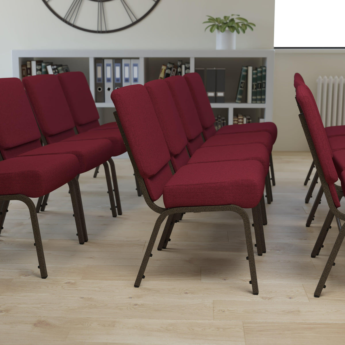 Burgundy Fabric/Gold Vein Frame |#| 21inchW Stacking Church Chair in Burgundy Fabric - Gold Vein Frame