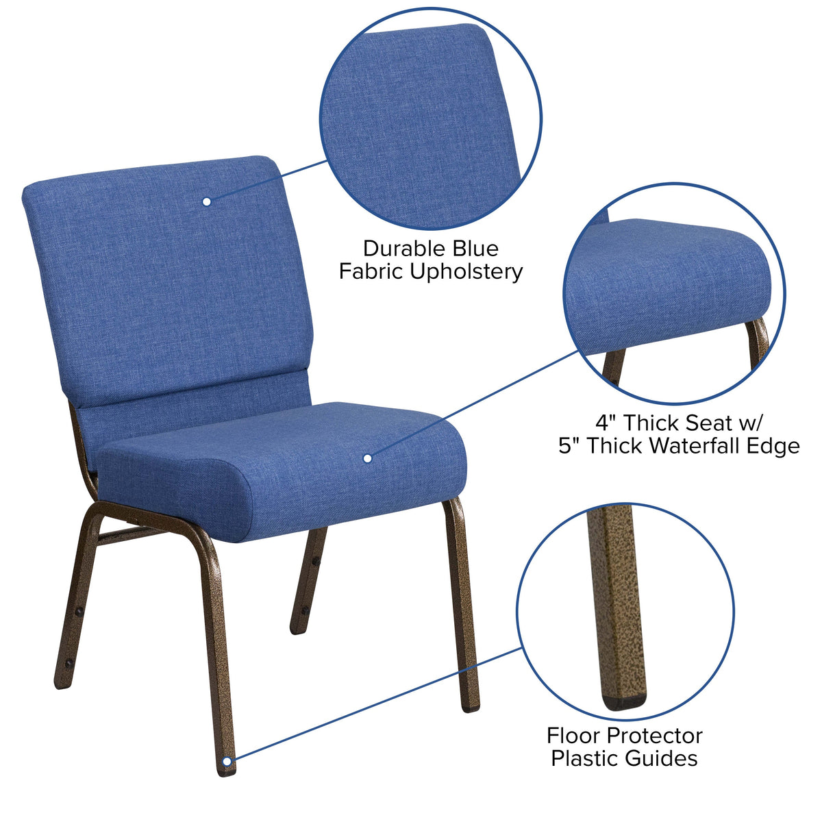 Blue Fabric/Gold Vein Frame |#| 21inchW Stacking Church Chair in Blue Fabric - Gold Vein Frame