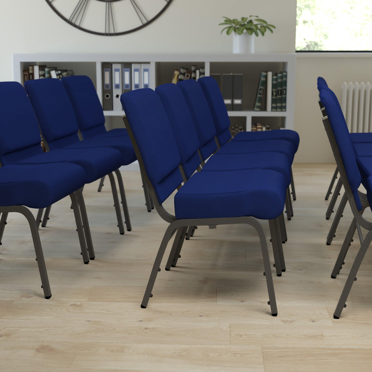 Navy Blue Fabric/Silver Vein Frame |#| 21inchW Stacking Church Chair in Navy Blue Fabric - Silver Vein Frame