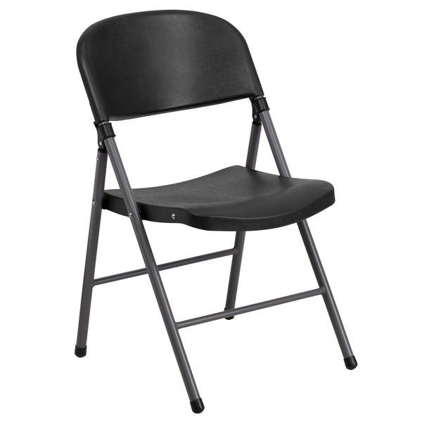 Black |#| 330 lb. Capacity Black Plastic Folding Chair with Charcoal Frame - Event Chair