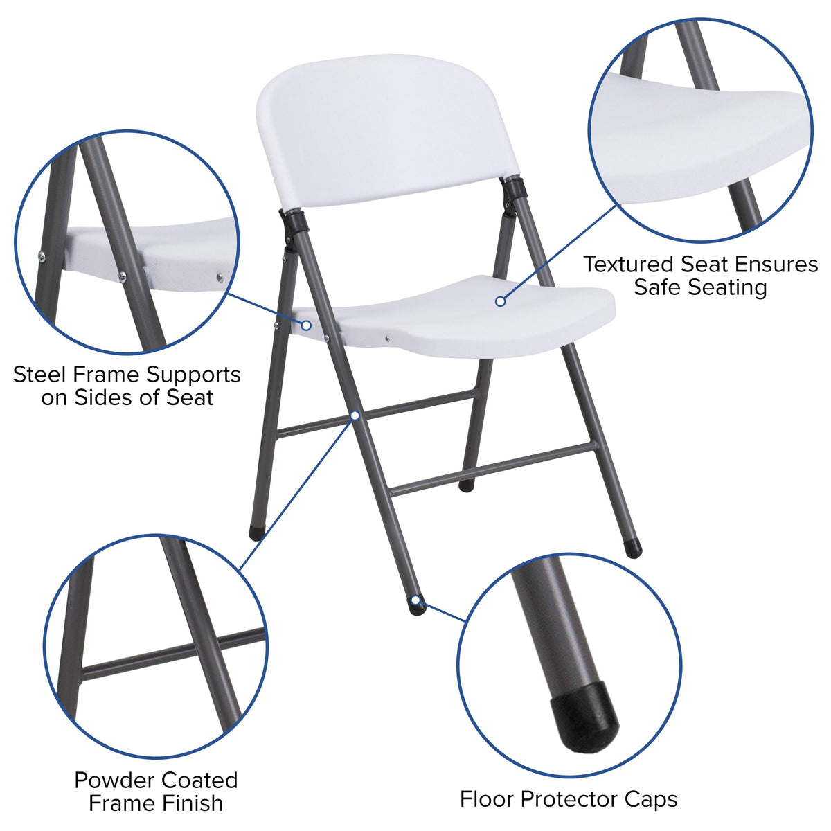 White |#| 330 lb. Capacity Granite White Plastic Folding Chair with Charcoal Frame