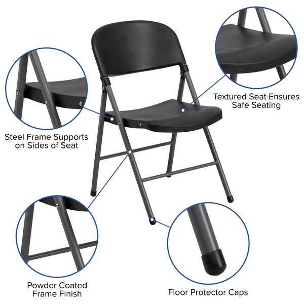 Black |#| 330 lb. Capacity Black Plastic Folding Chair with Charcoal Frame - Event Chair