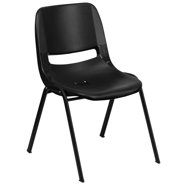 Black Plastic/Black Frame |#| 440 lb. Rated Kid's Black Contour Shell Stack Chair-Black Frame-14inch Seat Height