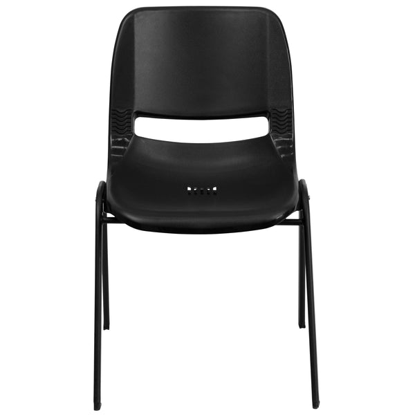 Black Plastic/Black Frame |#| 440 lb. Rated Kid's Black Contour Shell Stack Chair-Black Frame-14inch Seat Height