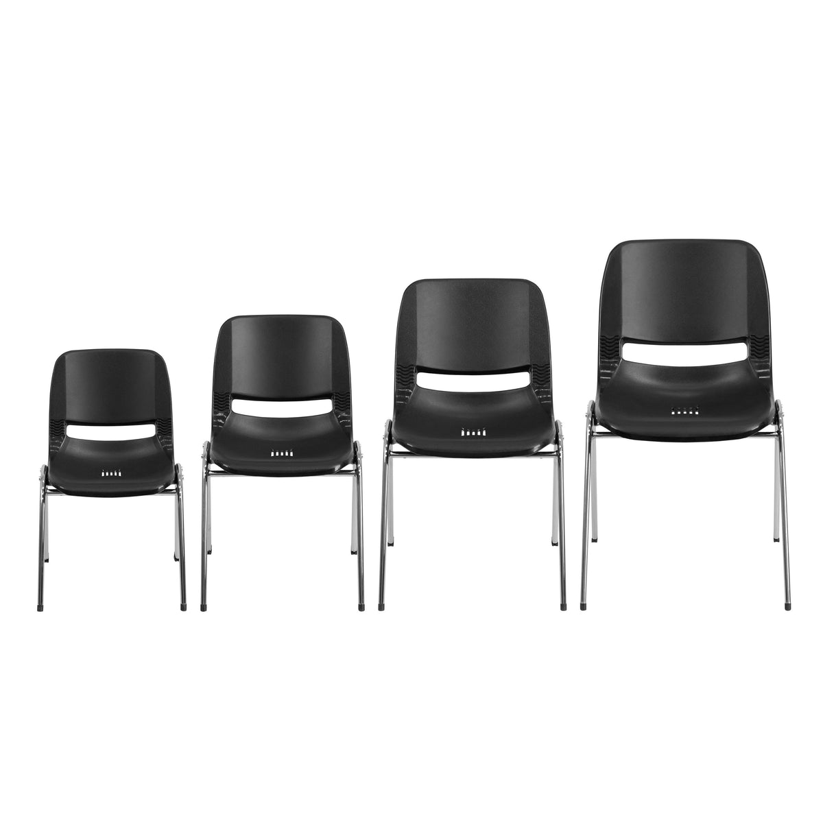 Black Plastic/Chrome Frame |#| 440 lb. Rated Kid's Black Ergonomic Stack Chair - Chrome Frame-14inch Seat Height