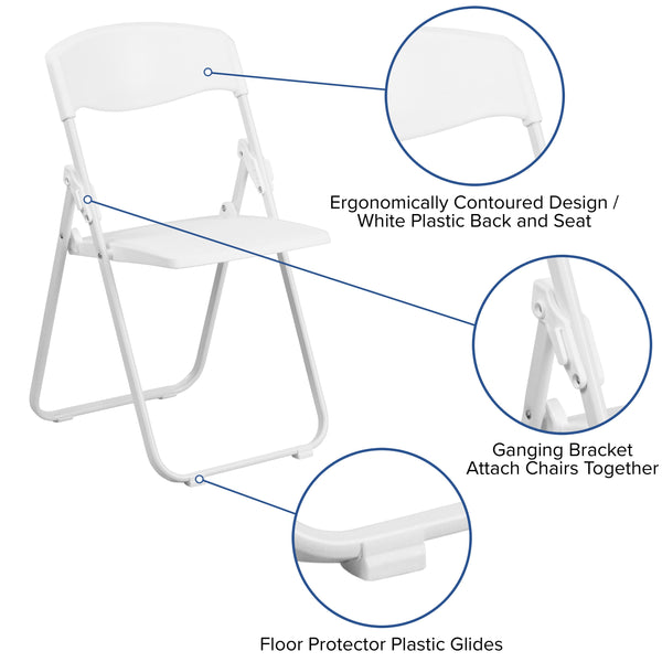 White |#| 500 lb. Capacity Heavy Duty White Folding Chair with Built-in Ganging Brackets