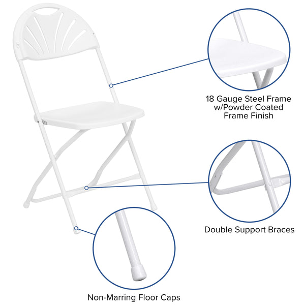 White |#| 650 lb. Capacity White Plastic Fan Back Folding Chair-Commercial & Event Chairs