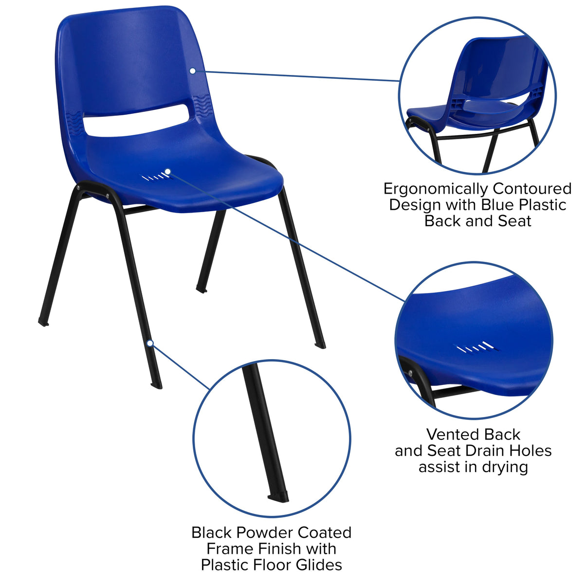 Navy Plastic/Black Frame |#| 661 lb. Capacity Navy Ergonomic Shell Stack Chair w/Black Frame-16inch Seat Height