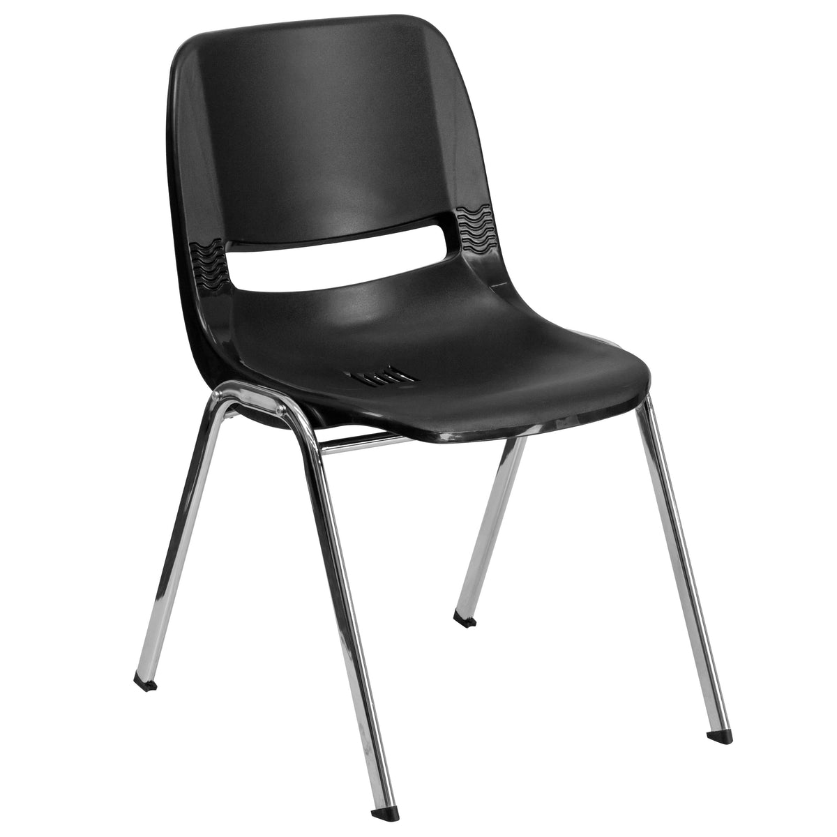 Black Plastic/Chrome Frame |#| 661 lb. Capacity Black Ergonomic Stack Chair with Chrome Frame-16inch Seat Height