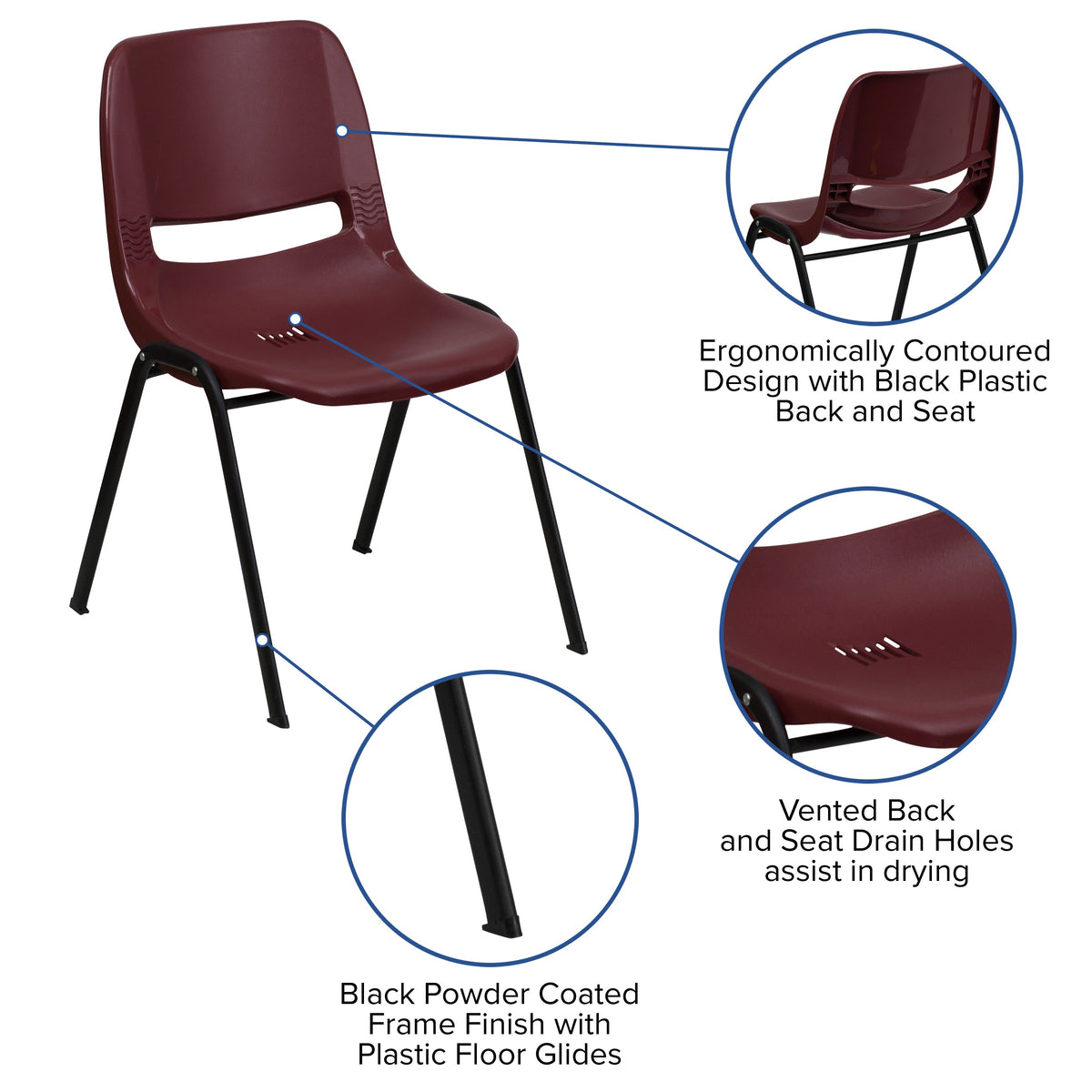 Burgundy |#| 880 lb. Capacity Burg Ergonomic Shell Stack Chair with Contoured Waterfall Seat