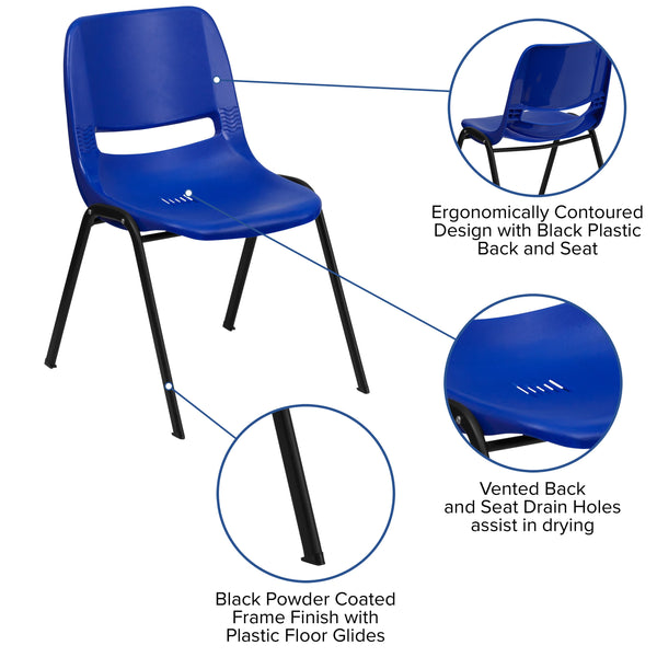 Blue |#| 880 lb. Capacity Blue Ergonomic Shell Stack Chair with Contoured Waterfall Seat