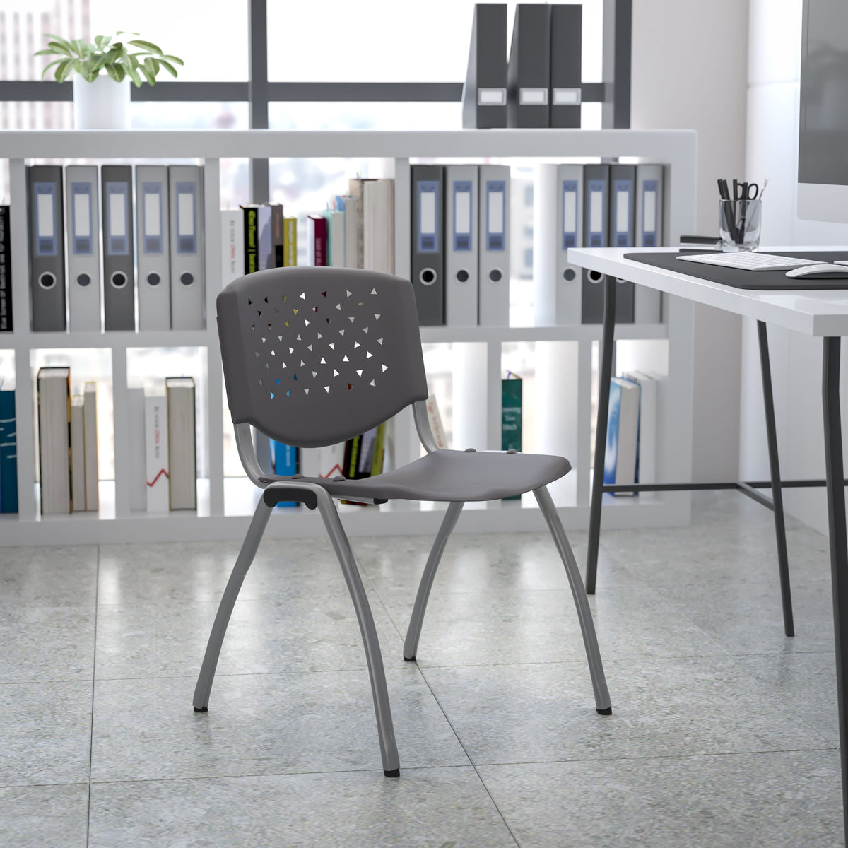 Gray |#| Home and Office Gray Plastic Stack Chair with Perforated Back - Guest Chair