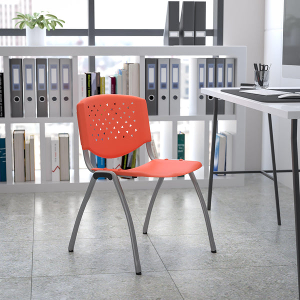 Orange |#| 880 lb. Capacity Orange Perforated Back Plastic Stack Chair with Gray Frame