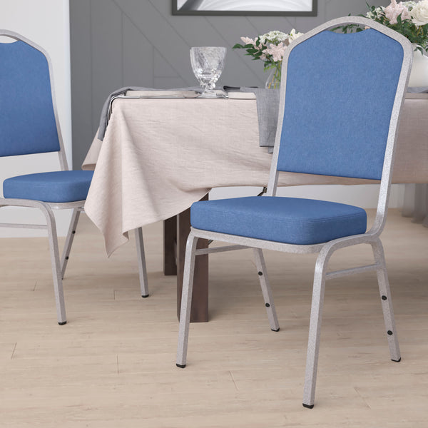 Blue Fabric/Silver Frame |#| Crown Back Stacking Banquet Chair in Blue Fabric - Silver Frame