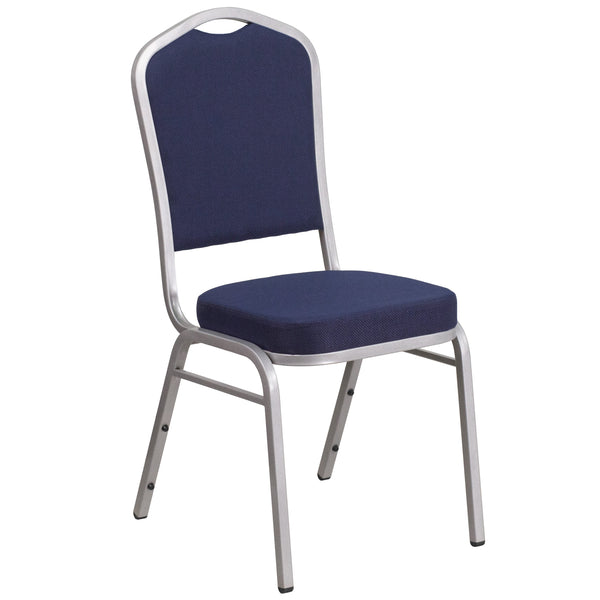 Navy Fabric/Silver Frame |#| Crown Back Stacking Banquet Chair in Navy Fabric - Silver Frame