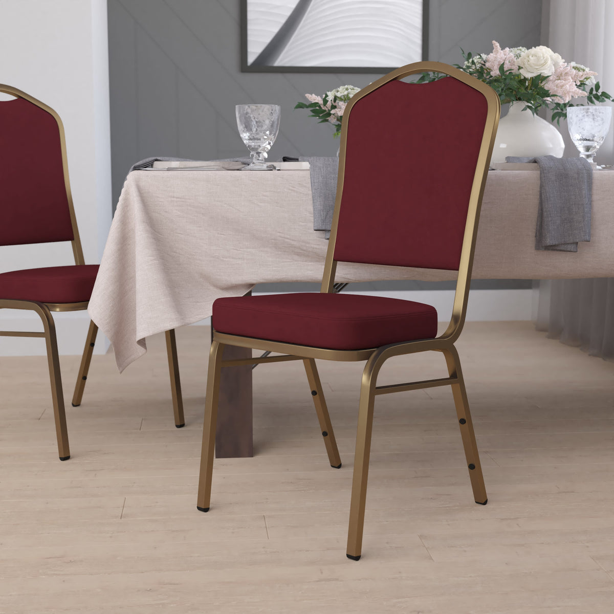 Burgundy Fabric/Gold Frame |#| Crown Back Stacking Banquet Chair in Burgundy Fabric - Gold Frame