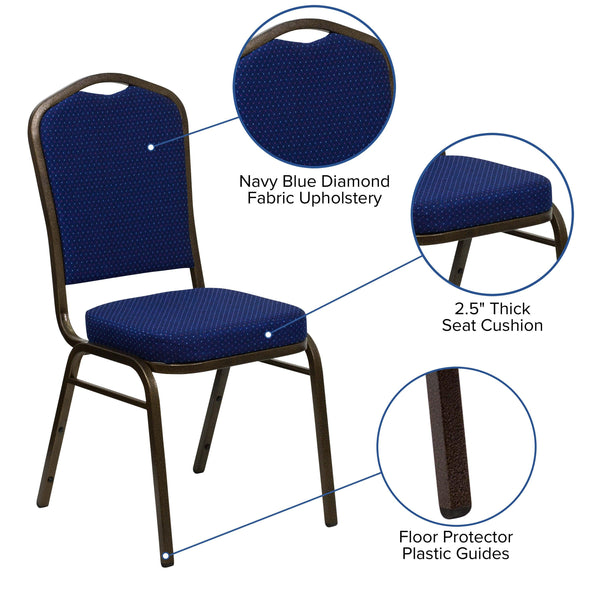 Navy Blue Patterned Fabric/Gold Vein Frame |#| Crown Back Stacking Banquet Chair in Navy Blue Patterned Fabric-Gold Vein Frame