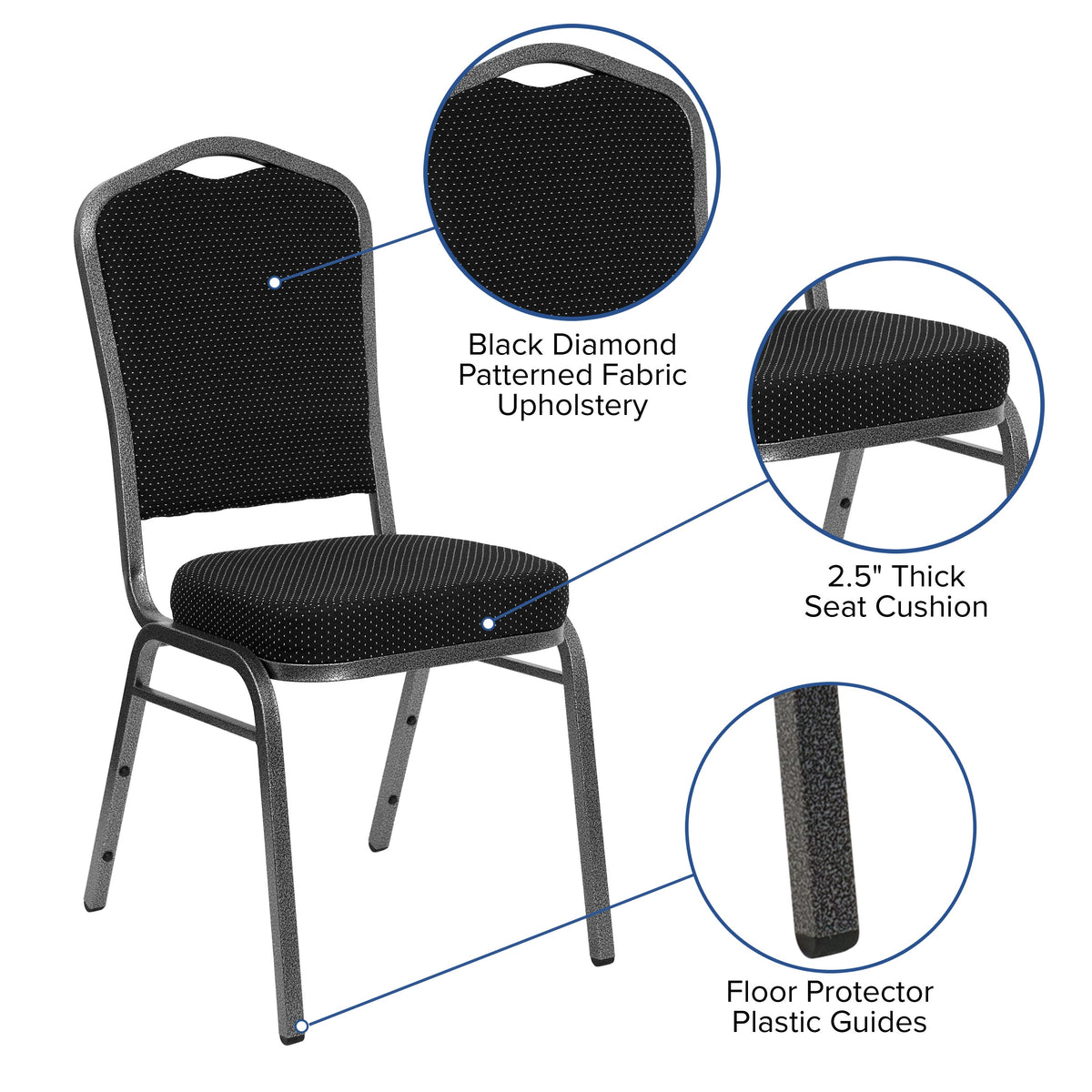 Black Dot Patterned Fabric/Silver Vein Frame |#| Crown Back Banquet Stack Chair in Black Dot Patterned Fabric - Silver Vein Frame